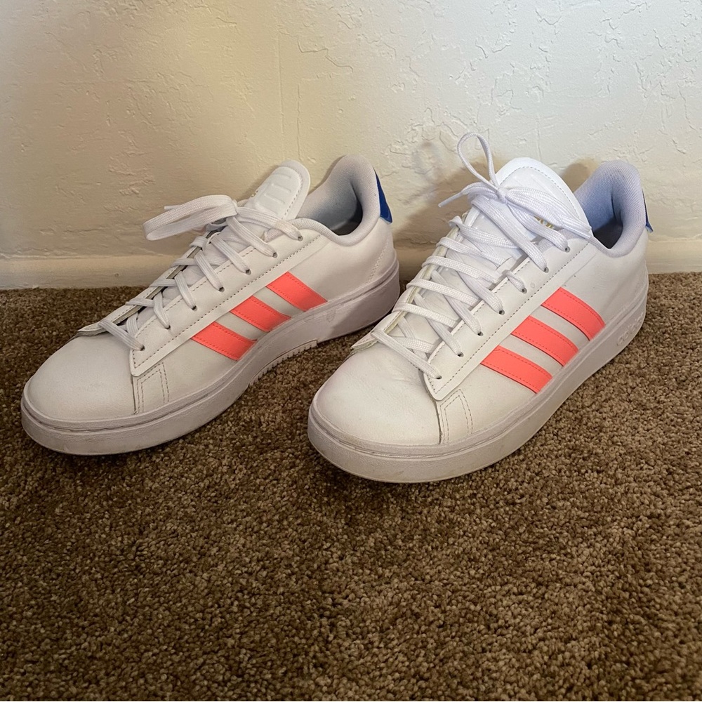Adidas Grand Court sneakers: white pink blue. Women’s 11.